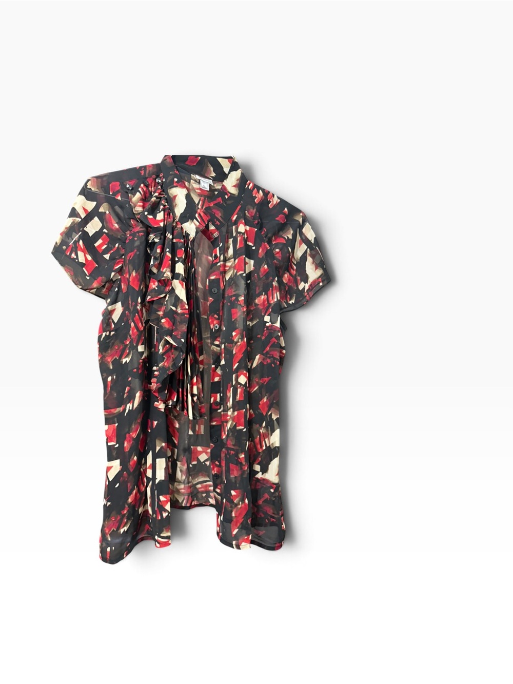 Worthington Black Short-Sleeve Ruffle Front Top with Red & Cream Abstract Print